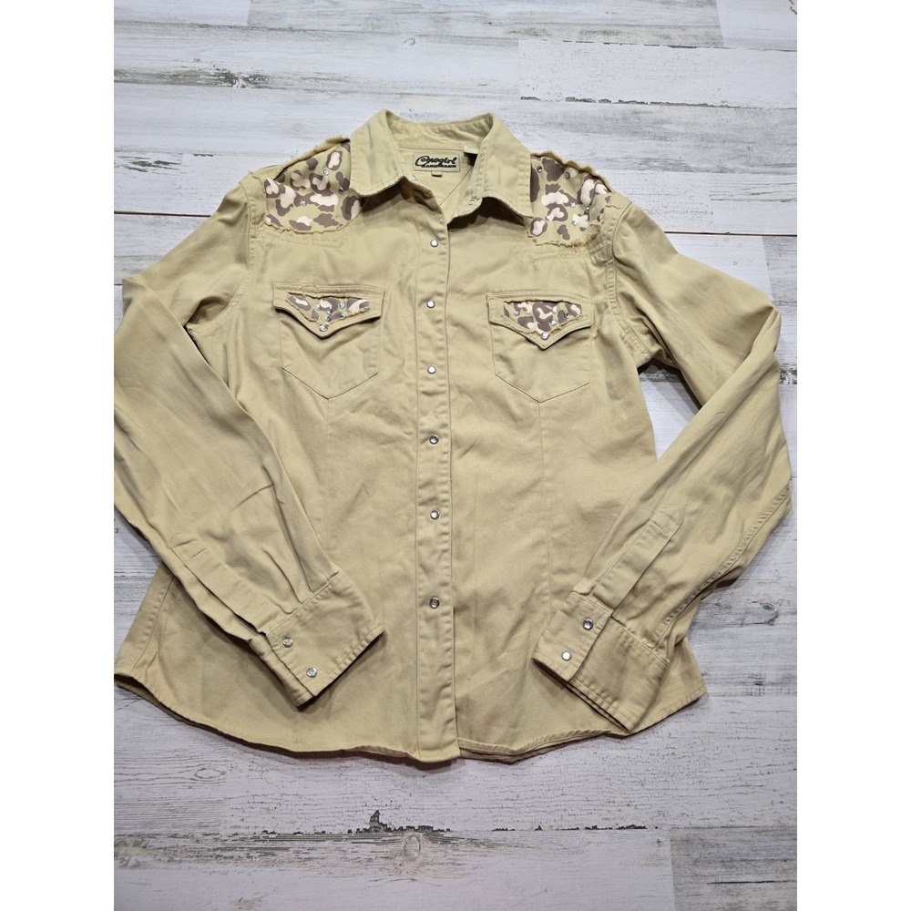 Cowgirl Hardware Tan Leopard Print Rhinestone Western Snap Shirt Size Large